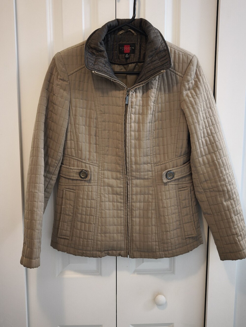 Gallery Women's Petite Quilted Jacket Medium Petite MP Taupe Khaki Zip Coat